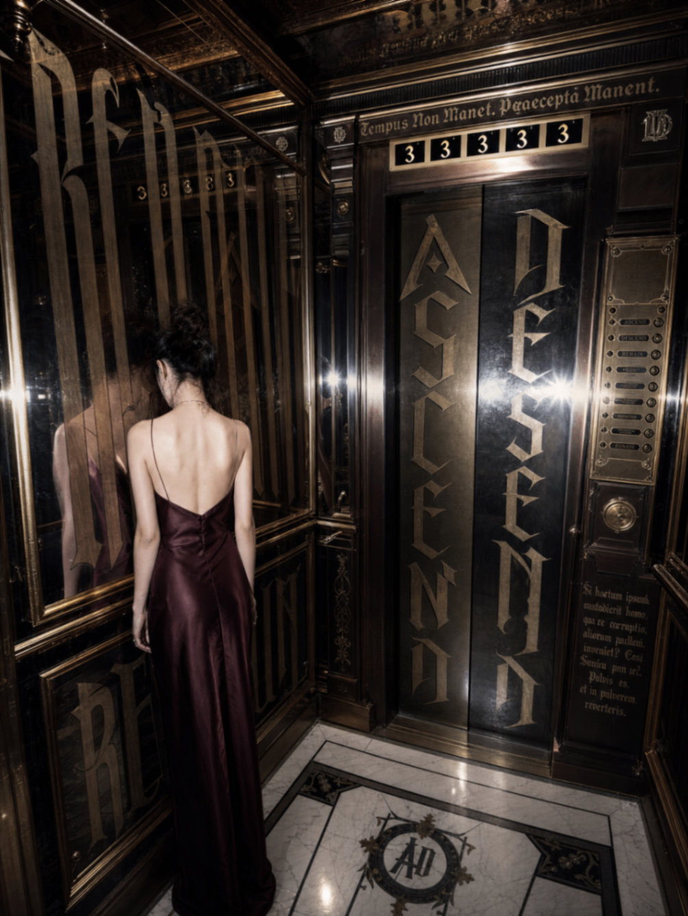 Mirrored elevator interior marked with access lettering
