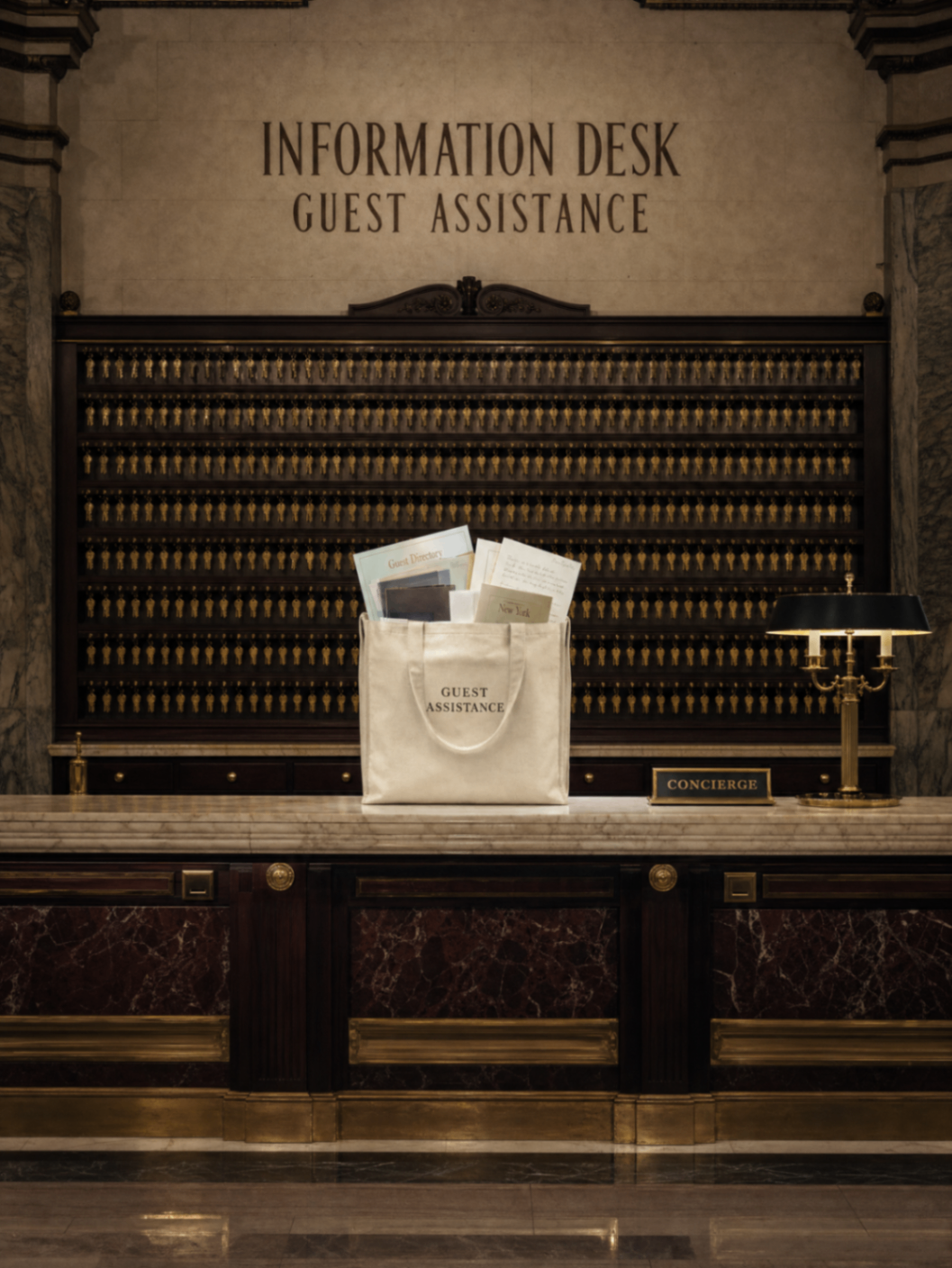 Concierge desk with guest assistance tote displayed