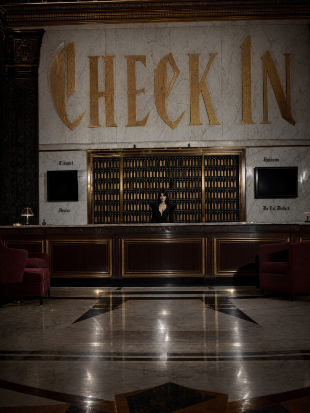 Reception desk with monumental check-in lettering