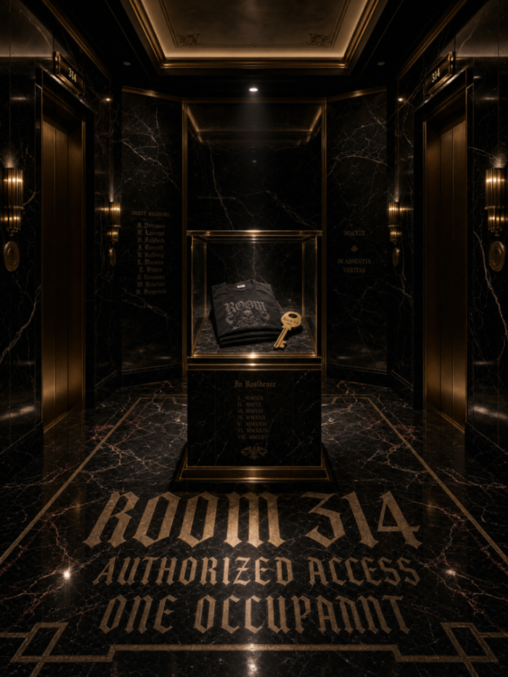Marble elevator vestibule with hotel key and garment in a vitrine