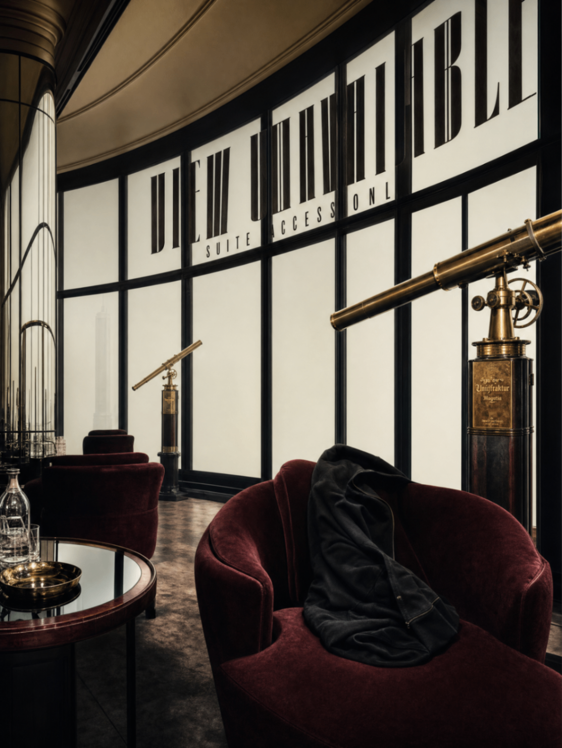 Penthouse lounge with telescope and hoodie on velvet chair