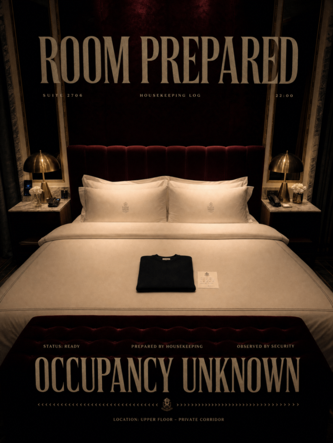 Hotel bed scene with housekeeping garment and large procedural text