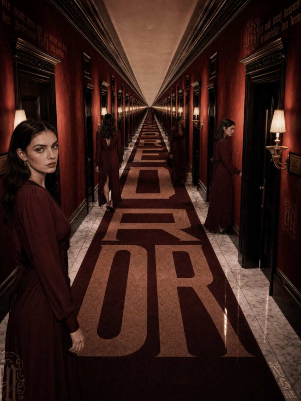 Red corridor with repeated figures and endless perspective